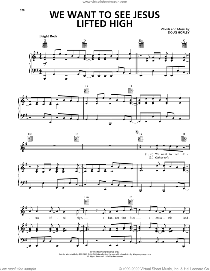 We Want To See Jesus Lifted High sheet music for voice, piano or guitar by Noel Richards and Doug Horley, intermediate skill level