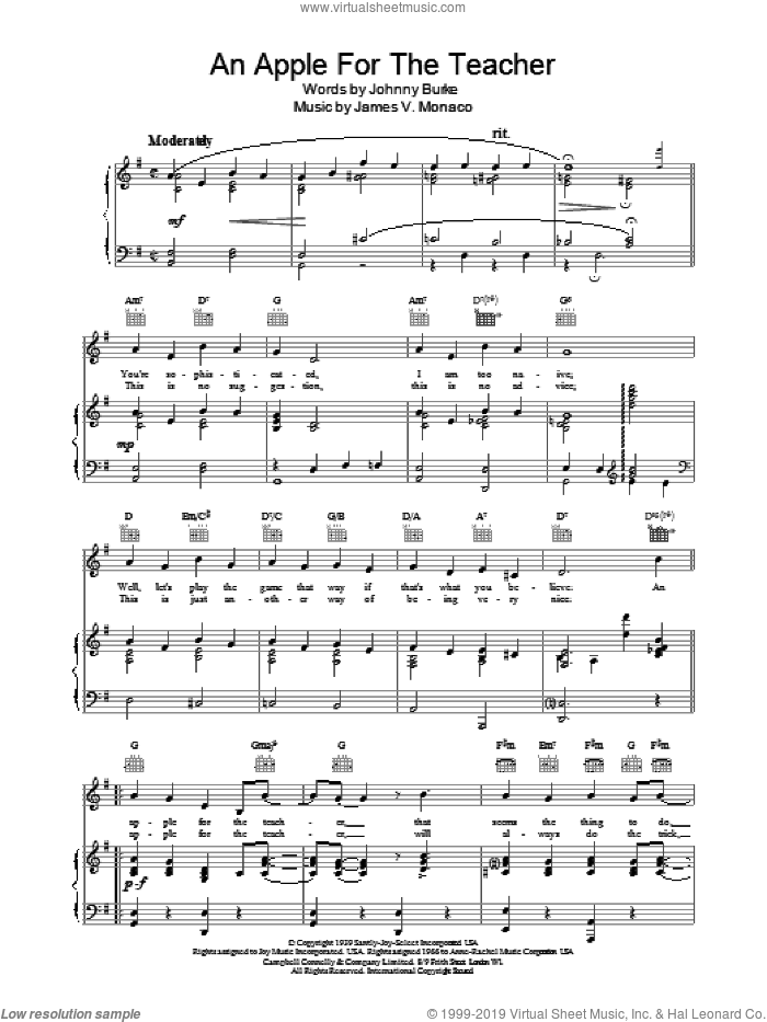 An Apple For The Teacher sheet music for voice, piano or guitar by John Burke and James Monaco, intermediate skill level
