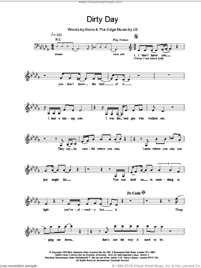 Dirty Day sheet music for voice and other instruments (fake book) by U2, intermediate skill level