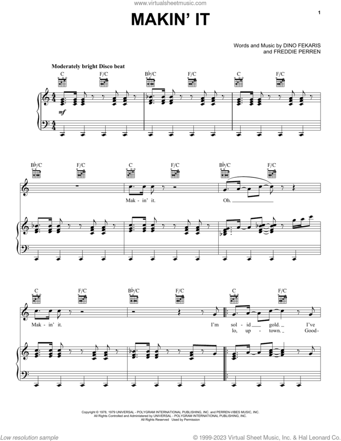 Makin' It sheet music for voice, piano or guitar by David Naughton, Dino Fekaris and Frederick Perren, intermediate skill level