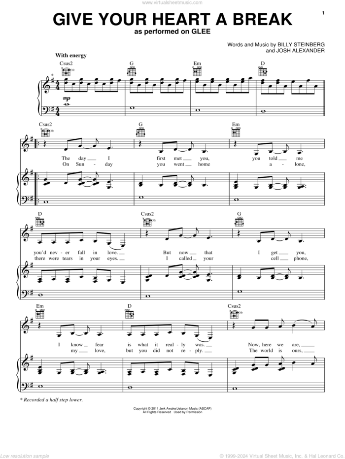 Give Your Heart A Break sheet music for voice, piano or guitar by Glee Cast, Demi Lovato, Billy Steinberg and Josh Alexander, intermediate skill level