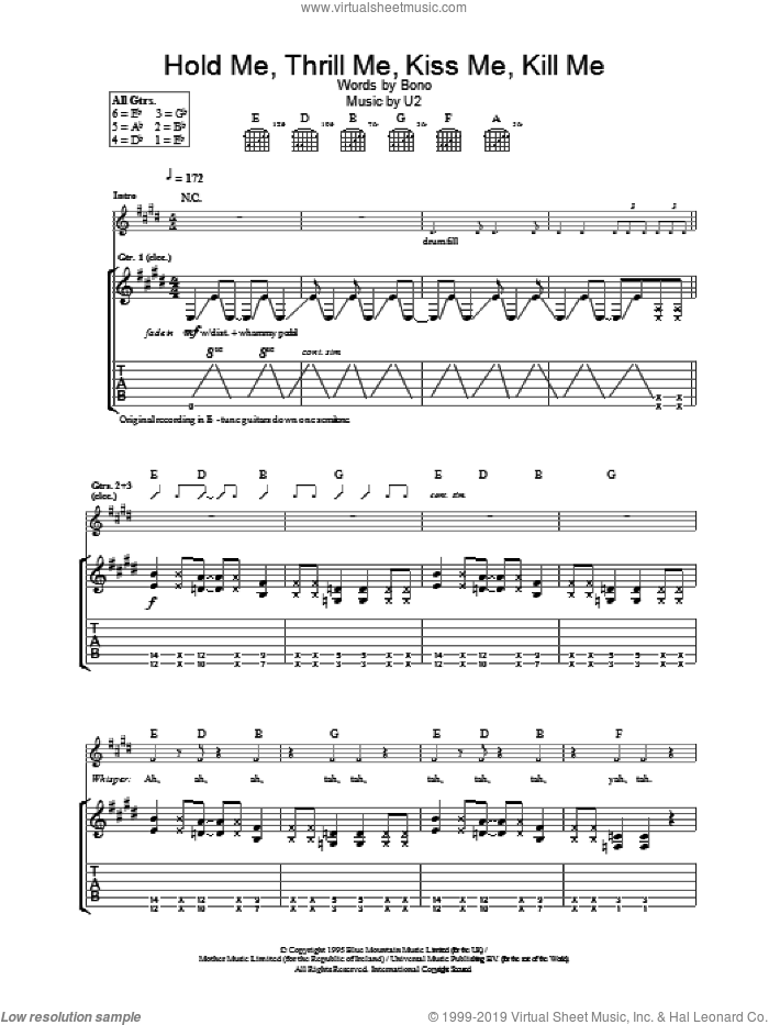 Hold Me, Thrill Me, Kiss Me, Kill Me sheet music for guitar (tablature) by U2, intermediate skill level