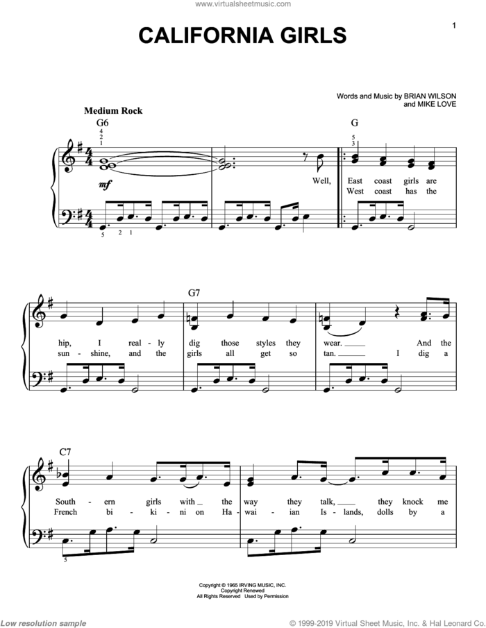 California Girls sheet music for piano solo by David Lee Roth, The Beach Boys, Brian Wilson and Mike Love, easy skill level
