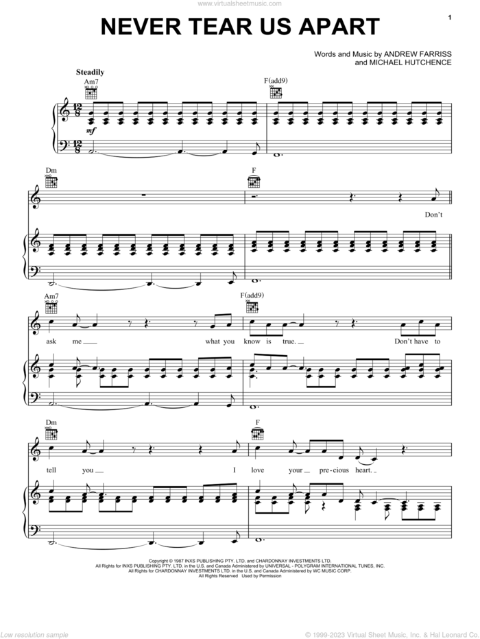 Never Tear Us Apart sheet music for voice, piano or guitar by INXS, Andrew Farris and Michael Hutchence, intermediate skill level