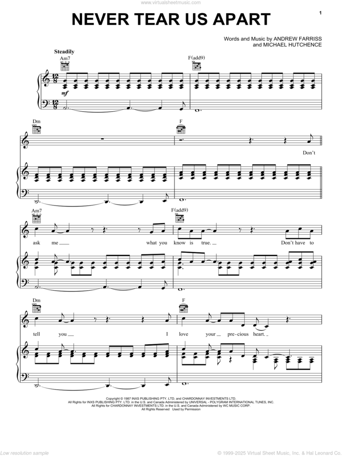 Never Tear Us Apart sheet music for voice, piano or guitar by INXS, Andrew Farris and Michael Hutchence, intermediate skill level