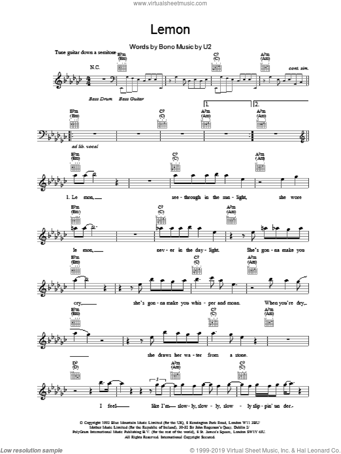 Lemon sheet music for voice and other instruments (fake book) by U2, intermediate skill level