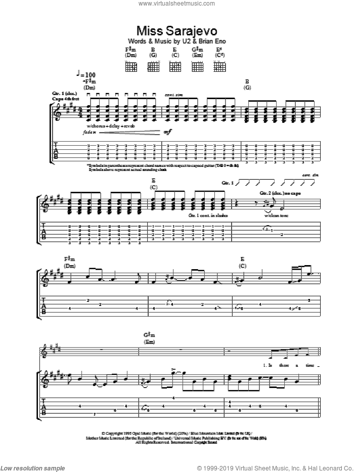 Miss Sarajevo sheet music for guitar (tablature) by U2, intermediate skill level