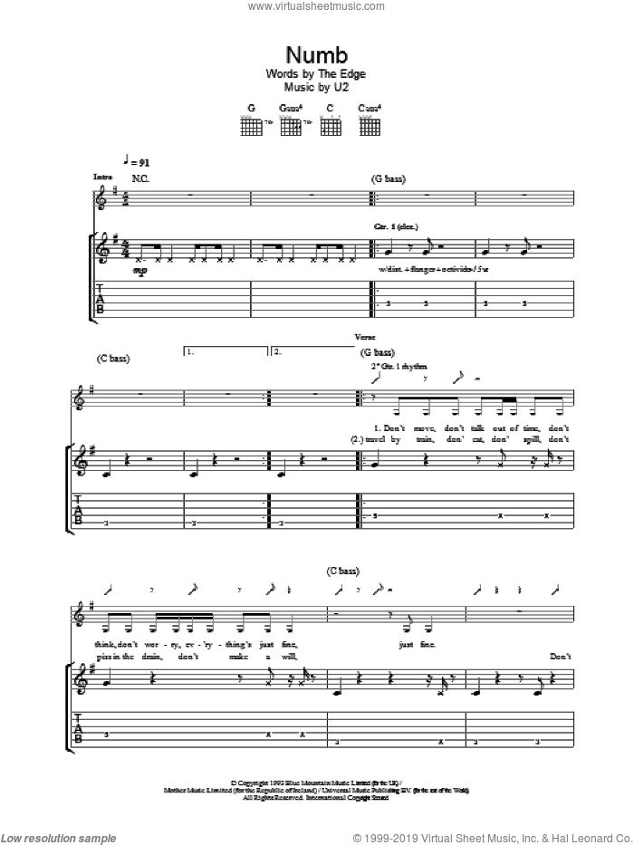 Numb sheet music for guitar (tablature) by U2, intermediate skill level