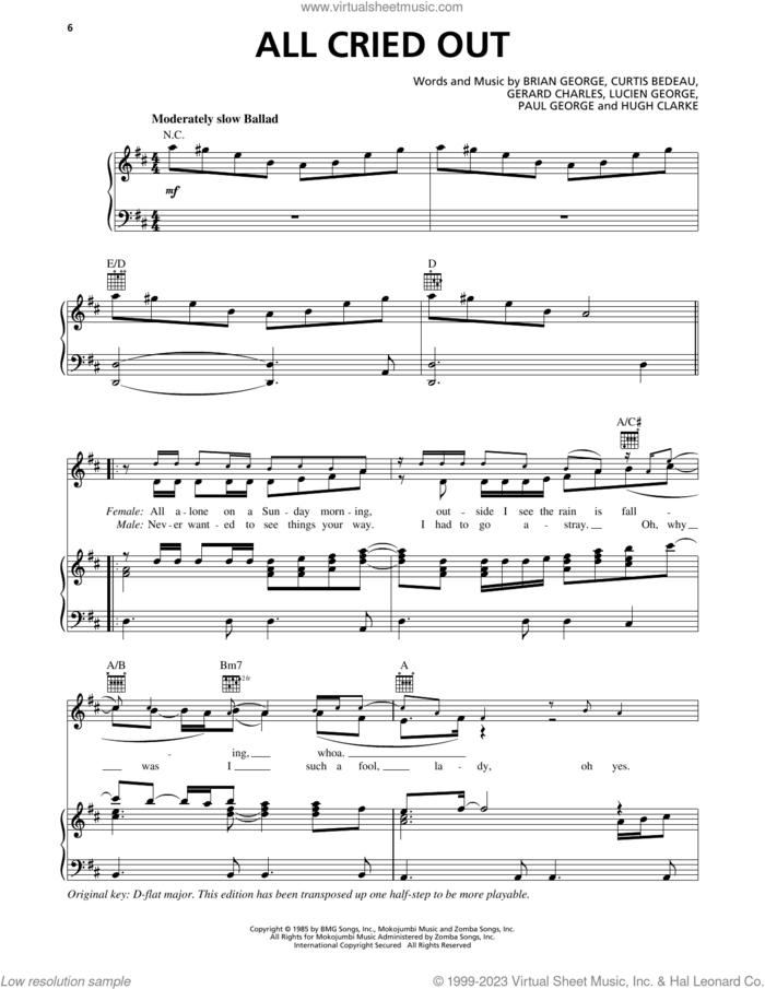All Cried Out (feat. 112) sheet music for voice, piano or guitar by Allure, Brian George, Curtis Bedeau, Gerard Charles, Hugh Clarke, Lucien George and Paul George, intermediate skill level