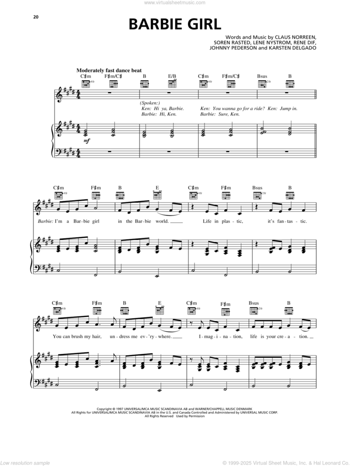 Barbie Girl sheet music for voice, piano or guitar by Aqua, Claus Norreen, Johnny Pederson, Karsten Delgado, Lene Nystrom, Rene Dif and Soren Rasted, intermediate skill level