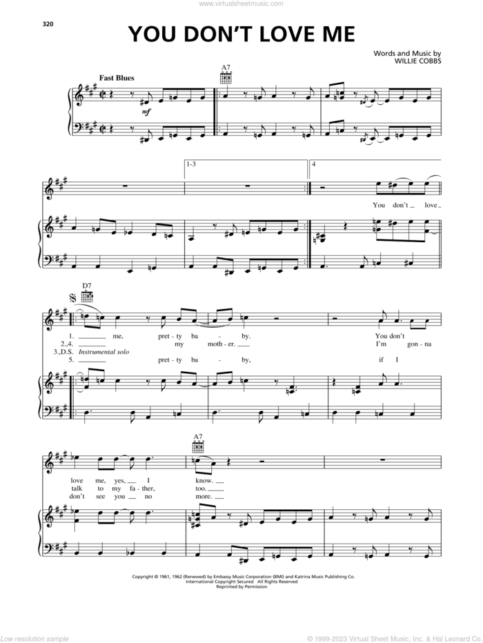 You Don't Love Me sheet music for voice, piano or guitar by Allman Brothers and Willie Cobbs, intermediate skill level