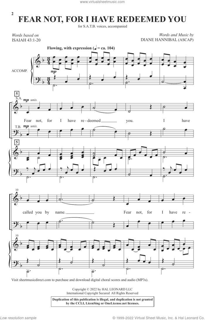 Fear Not, For I Have Redeemed You sheet music for choir (SATB: soprano, alto, tenor, bass) by Diane Hannibal, intermediate skill level
