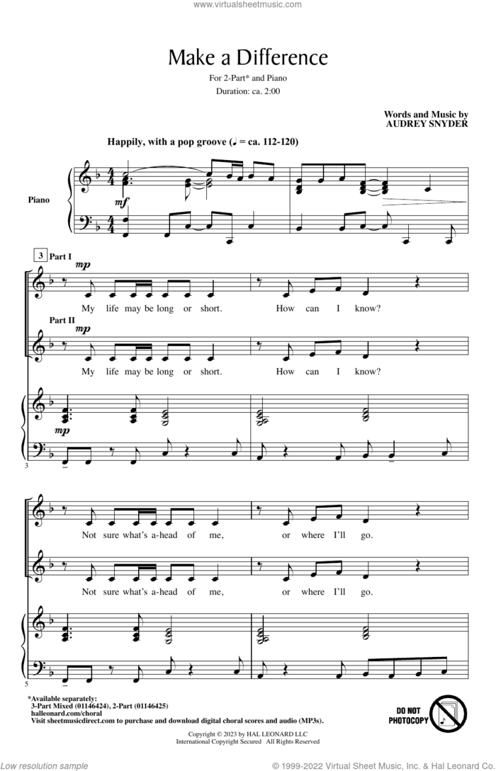 Make A Difference sheet music for choir (2-Part) by Audrey Snyder, intermediate duet