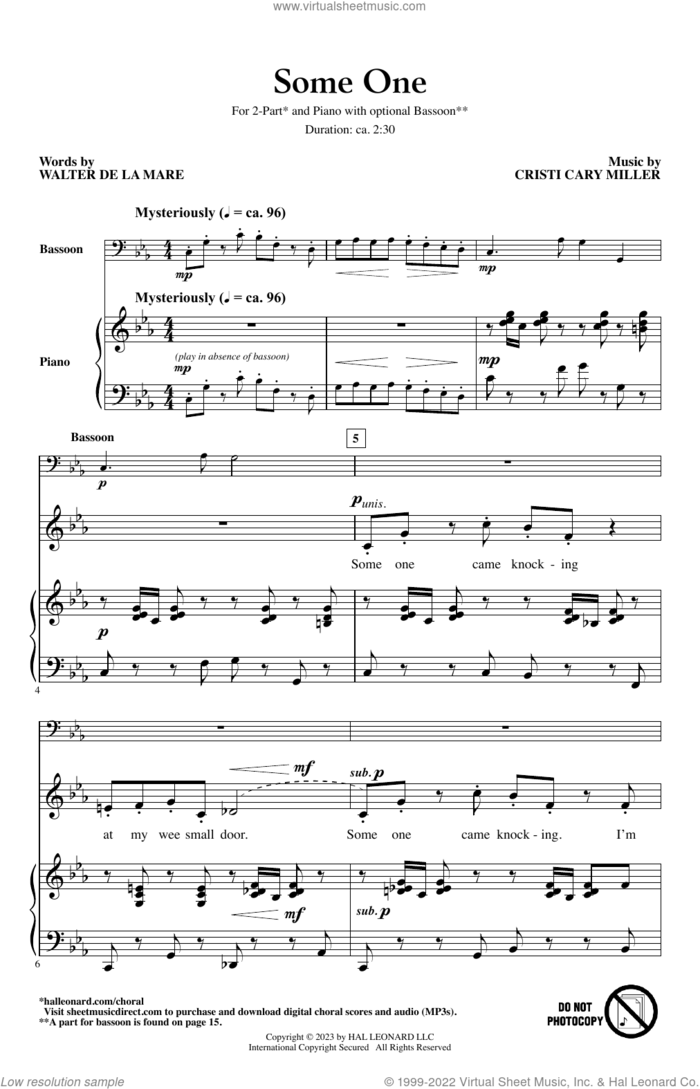 Some One sheet music for choir (2-Part) by Cristi Cary Miller and Walter de la Mare, intermediate duet