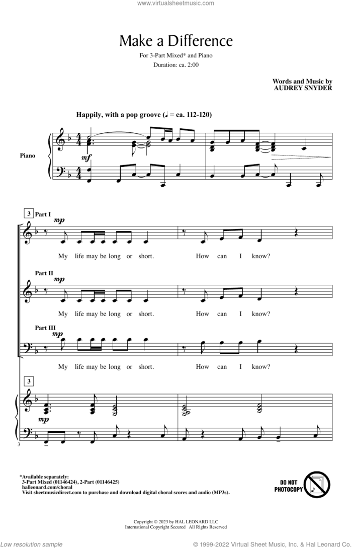 Make A Difference sheet music for choir (3-Part Mixed) by Audrey Snyder, intermediate skill level