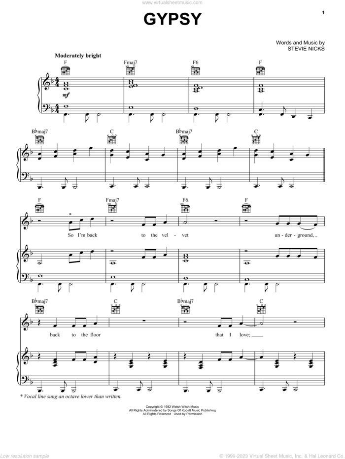 Gypsy sheet music for voice, piano or guitar by Fleetwood Mac and Stevie Nicks, intermediate skill level