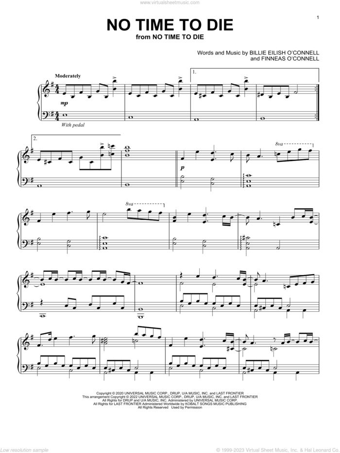 No Time To Die, (intermediate) sheet music for piano solo by Billie Eilish, intermediate skill level