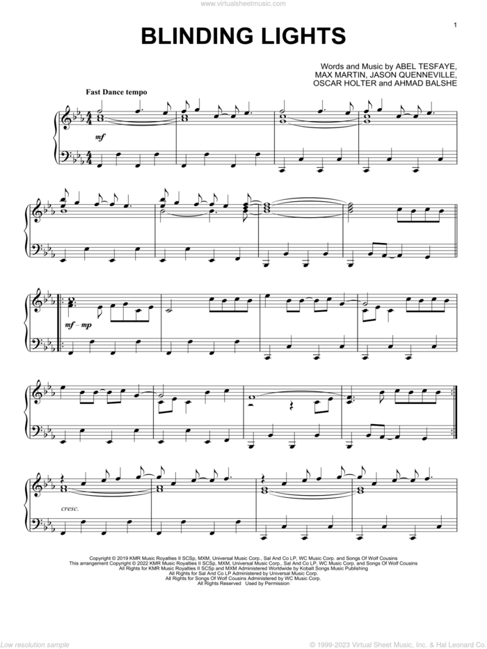 Blinding Lights, (intermediate) sheet music for piano solo by The Weeknd, Abel Tesfaye, Ahmad Balshe, Jason Quenneville, Max Martin and Oscar Holter, intermediate skill level