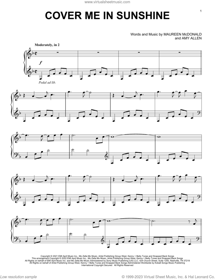 Cover Me In Sunshine sheet music for piano solo by P!nk and Willow Sage Hart, Amy Allen and Maureen McDonald, intermediate skill level