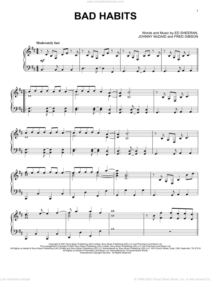 Bad Habits, (intermediate) sheet music for piano solo by Ed Sheeran, Fred Gibson and Johnny McDaid, intermediate skill level
