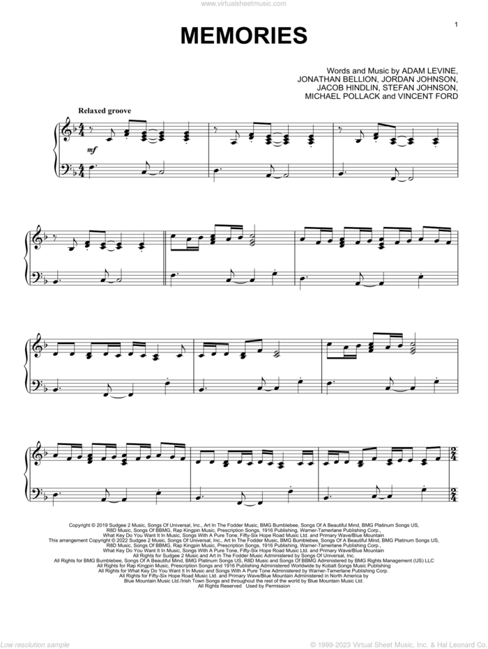 Memories, (intermediate) sheet music for piano solo by Maroon 5, Adam Levine, Jacob Kasher Hindlin, Jon Bellion, Michael Pollack, Stefan Johnson and Vincent Ford, intermediate skill level