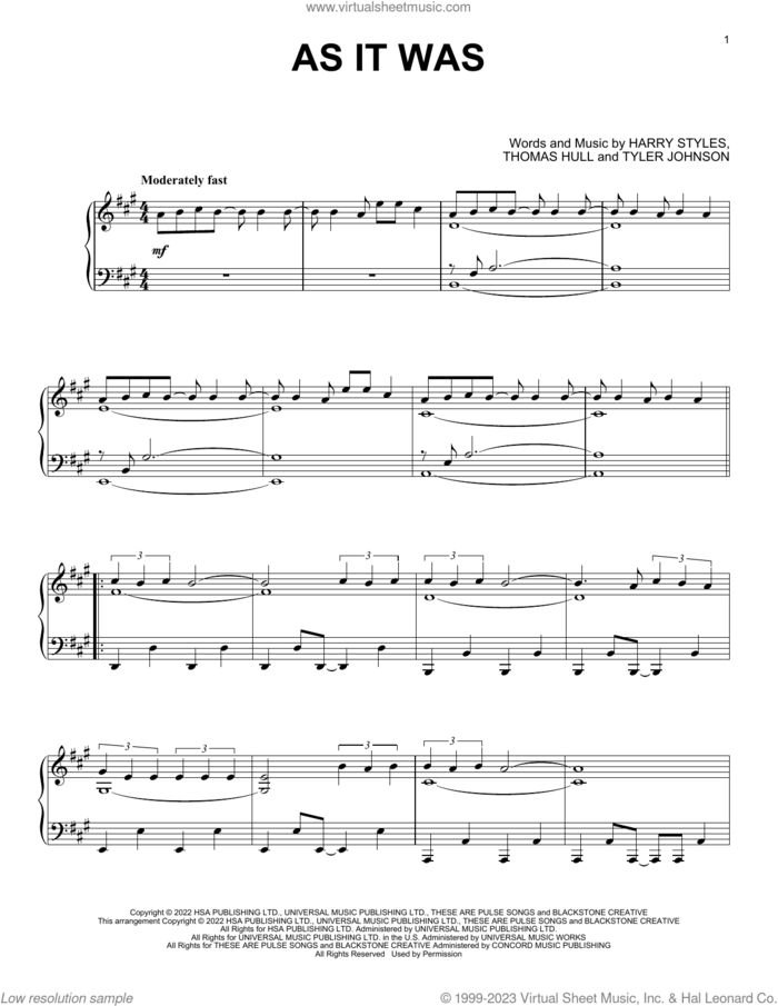 As It Was, (intermediate) sheet music for piano solo by Harry Styles, Tom Hull and Tyler Johnson, intermediate skill level