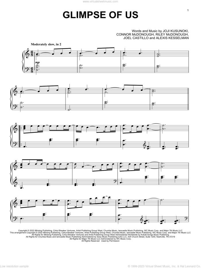 Glimpse Of Us, (intermediate) sheet music for piano solo by Joji, Alexis Kesselman, Connor McDonough, Joel Castillo, Joji Kusunoki and Riley McDonough, intermediate skill level
