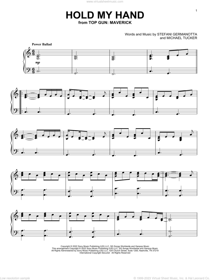 Hold My Hand (from Top Gun: Maverick), (intermediate) sheet music for piano solo by Lady Gaga and Michael Tucker p/k/a BloodPop, intermediate skill level
