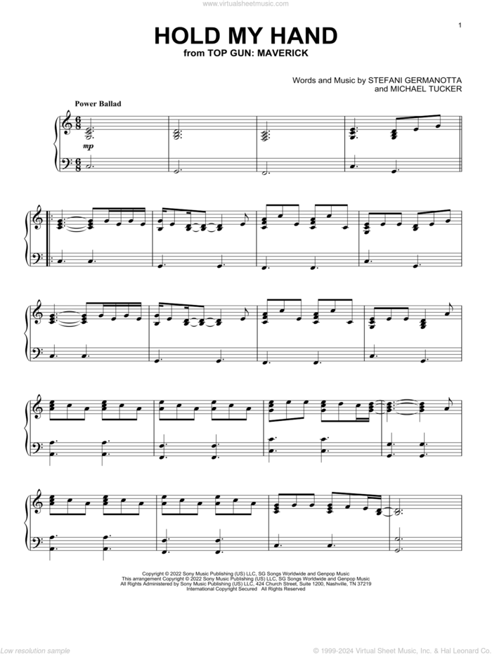 Hold My Hand (from Top Gun: Maverick), (intermediate) sheet music for piano solo by Lady Gaga and Michael Tucker p/k/a BloodPop, intermediate skill level