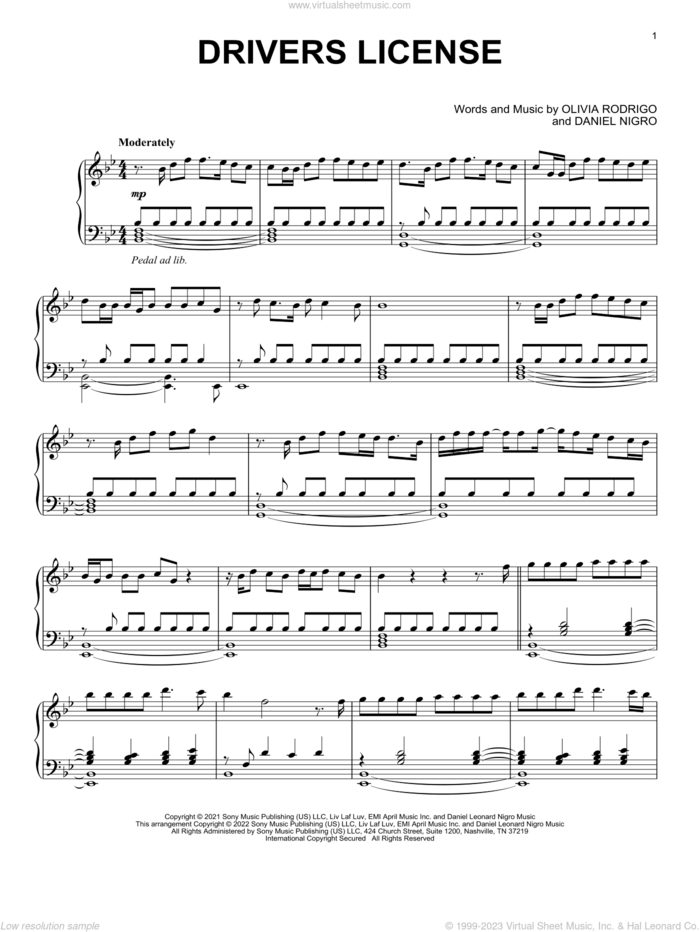 drivers license, (intermediate) sheet music for piano solo by Olivia Rodrigo and Daniel Nigro, intermediate skill level