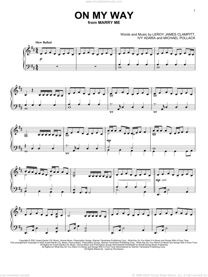 On My Way (from Marry Me), (intermediate) sheet music for piano solo by Jennifer Lopez, Ivy Adara, Leroy James Clampitt and Michael Pollack, intermediate skill level