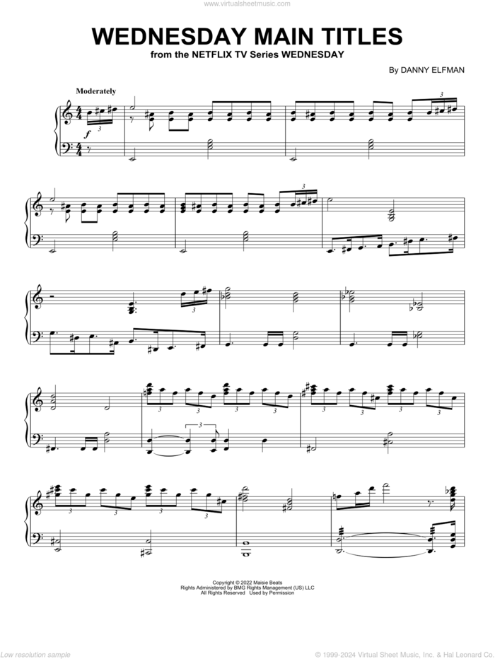Wednesday Main Titles, (intermediate) sheet music for piano solo by Danny Elfman, intermediate skill level