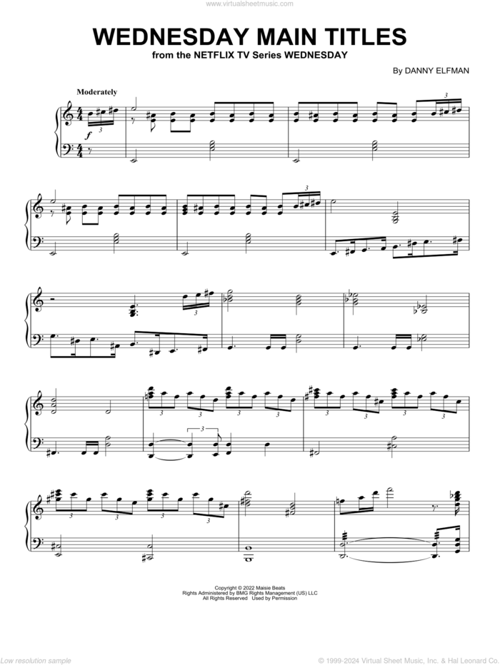 Wednesday Main Titles, (intermediate) sheet music for piano solo by Danny Elfman, intermediate skill level