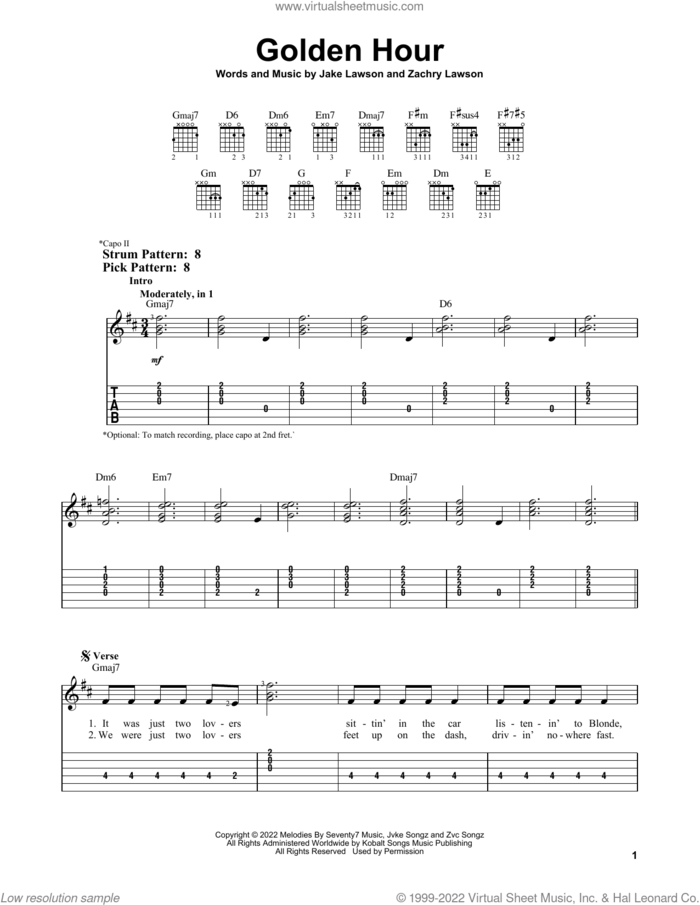 Golden Hour sheet music for guitar solo (easy tablature) by Jvke, Jake Lawson and Zachary Lawson, easy guitar (easy tablature)
