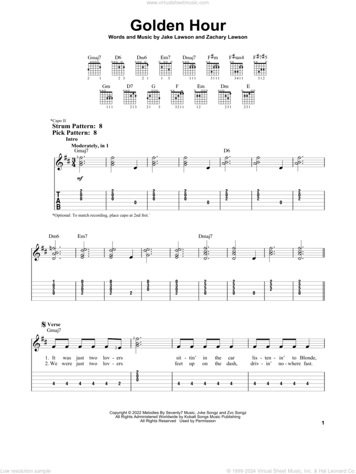 Golden Hour sheet music for guitar solo (easy tablature) by Jvke, Jake Lawson and Zachary Lawson, easy guitar (easy tablature)