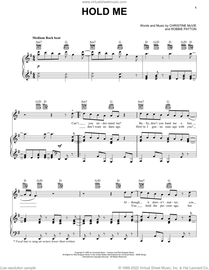 Hold Me sheet music for voice, piano or guitar by Fleetwood Mac, Christine McVie and Robbie Patton, intermediate skill level