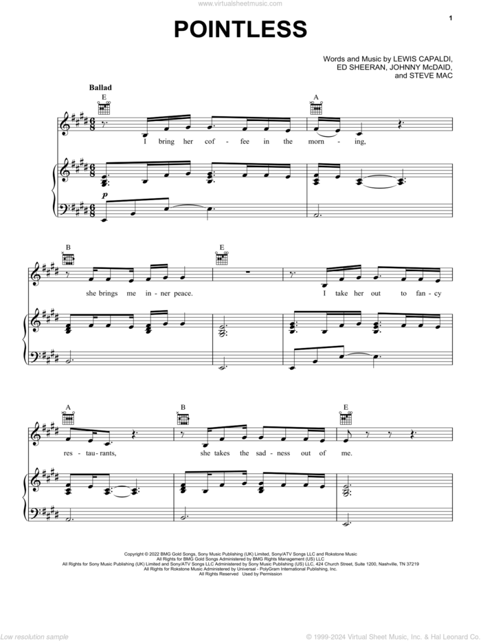 Pointless sheet music for voice, piano or guitar by Lewis Capaldi, Ed Sheeran, Johnny McDaid and Steve Mac, intermediate skill level