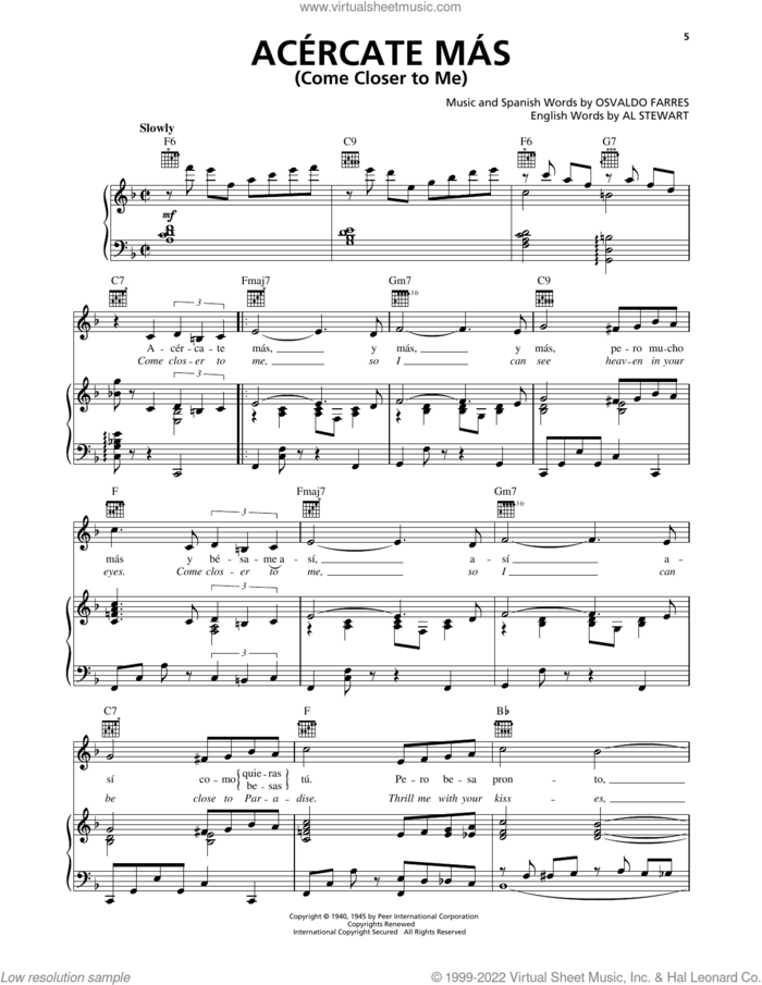 Acercate Mas (Come Closer To Me) sheet music for voice, piano or guitar by Al Stewart and Osvaldo Farres, intermediate skill level