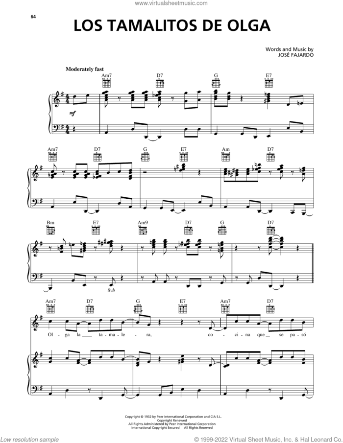 Los Tamalitos de Olga sheet music for voice, piano or guitar by Jose Fajardo and Jose A. Fajardo, intermediate skill level