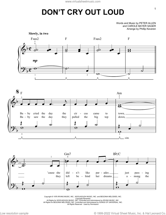 Don't Cry Out Loud (We Don't Cry Out Loud) (arr. Phillip Keveren) sheet music for piano solo by Melissa Manchester, Phillip Keveren, Carole Bayer Sager and Peter Allen, easy skill level