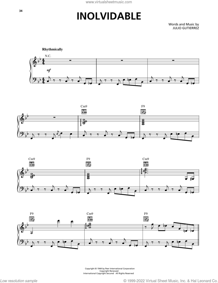 Inolvidable sheet music for voice, piano or guitar by Luis Miguel and Julio Gutierrez, intermediate skill level