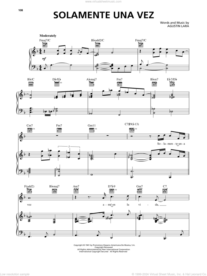 Solamente Una Vez sheet music for voice, piano or guitar by Luis Miguel, Agustin Lara and Ray Gilbert, intermediate skill level