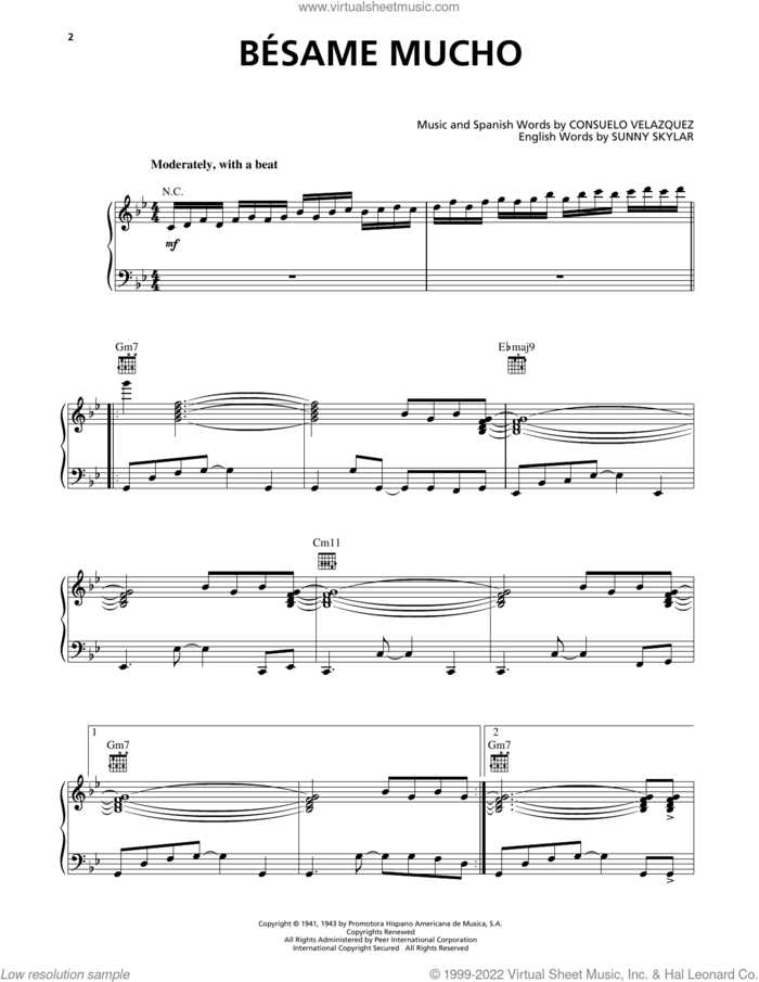 Besame Mucho (Kiss Me Much) sheet music for voice, piano or guitar by Luis Miguel, Consuelo Velazquez and Sunny Skylar (English), intermediate skill level