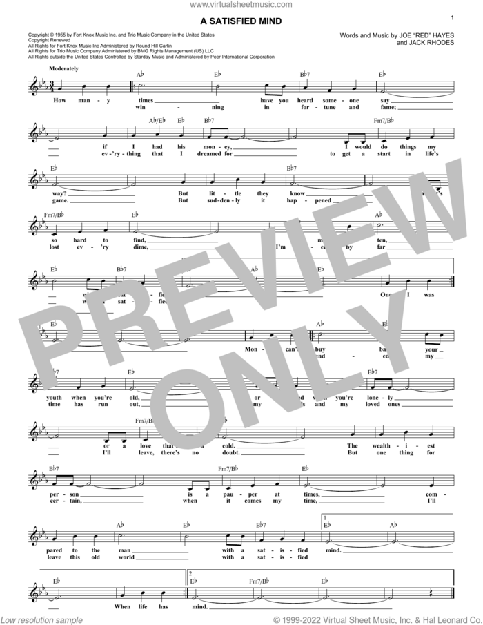 A Satisfied Mind sheet music for voice and other instruments (fake book) by Porter Wagoner, Red Foley & Betty Foley, Jack Rhodes and Joe 'Red' Hayes, intermediate skill level