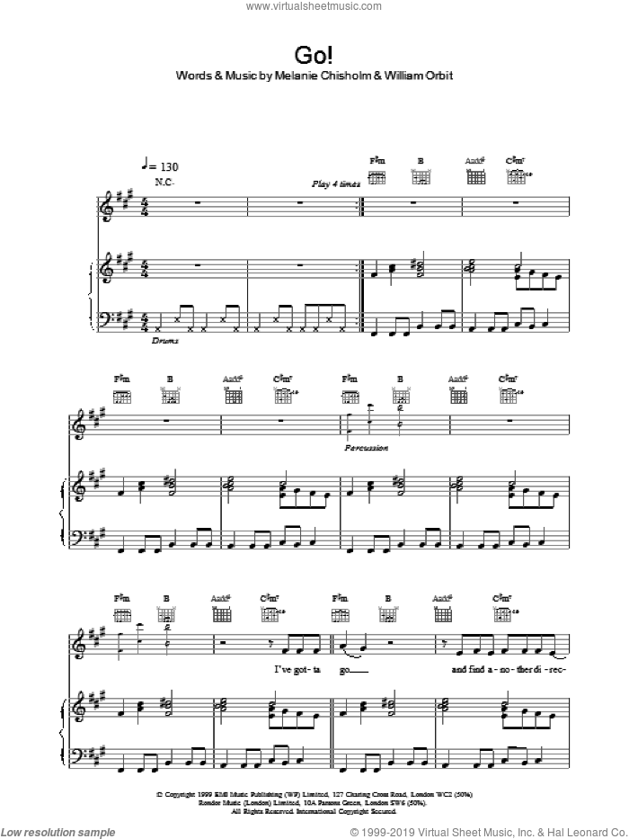 Go! sheet music for voice, piano or guitar by Chisholm Melanie, intermediate skill level