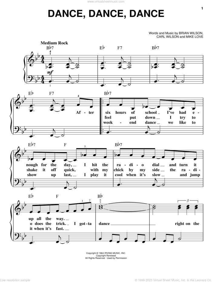 Dance, Dance, Dance sheet music for piano solo by The Beach Boys, Brian Wilson, Carl Wilson and Mike Love, easy skill level