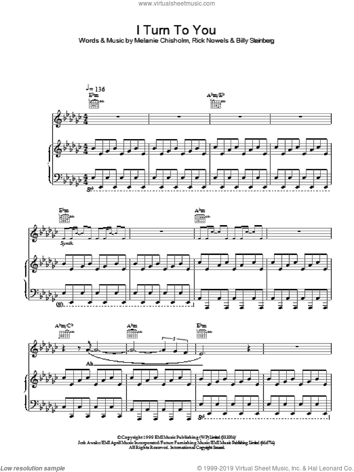 I Turn To You sheet music for voice, piano or guitar by Chisholm Melanie, intermediate skill level
