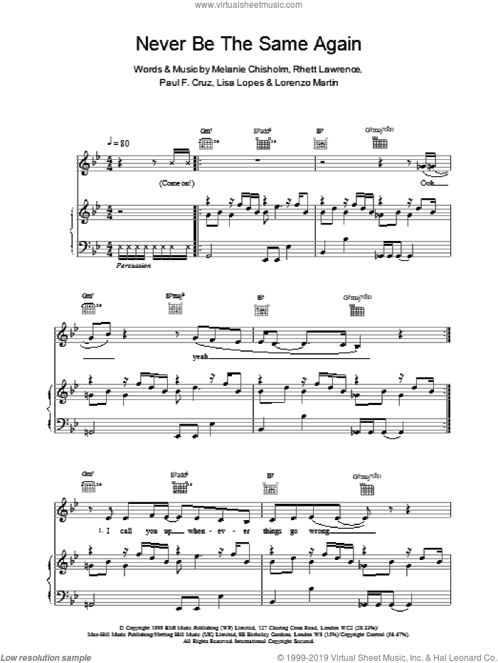 Never Be The Same Again sheet music for voice, piano or guitar by Chisholm Melanie, intermediate skill level