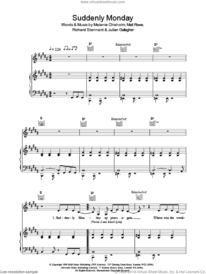 Suddenly Monday sheet music for voice, piano or guitar by Chisholm Melanie, intermediate skill level
