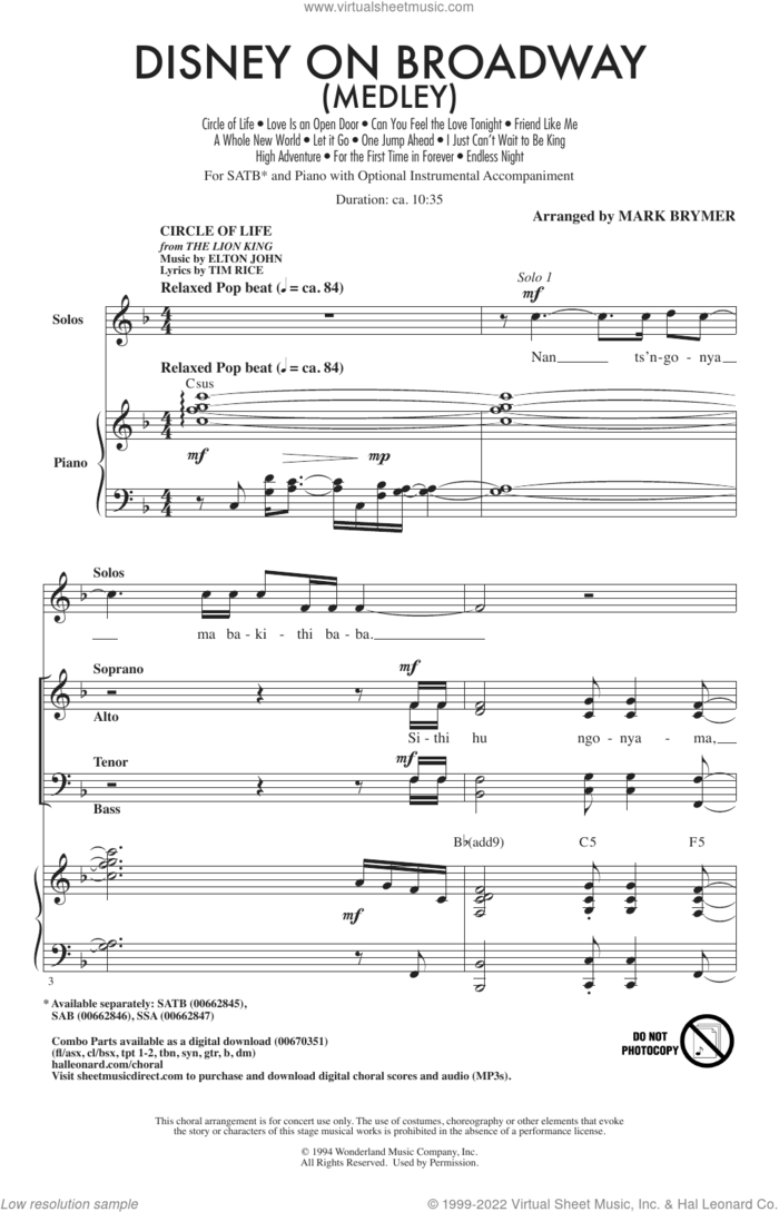 Disney On Broadway (Medley) sheet music for choir (SATB: soprano, alto, tenor, bass) by Mark Brymer, intermediate skill level